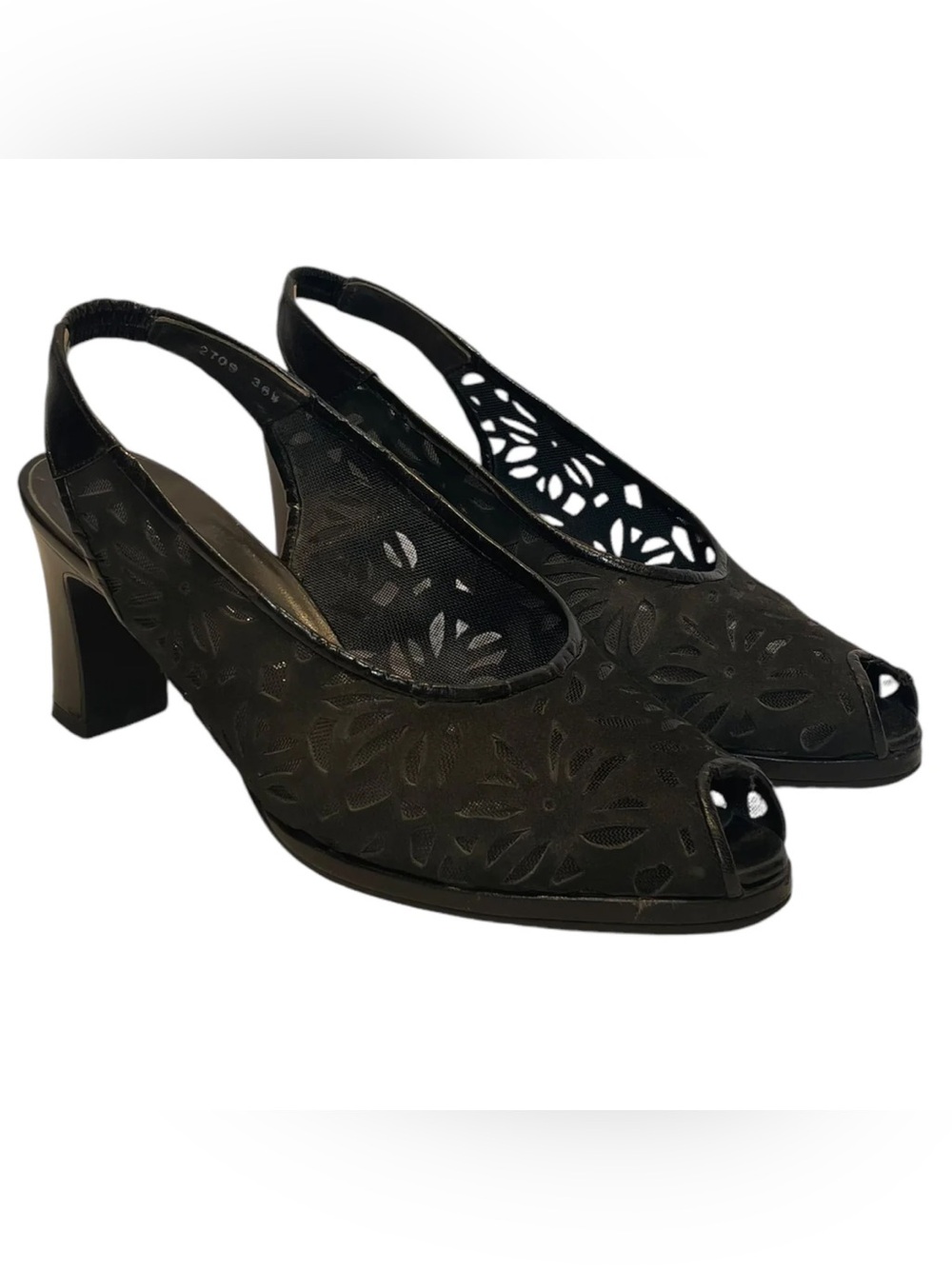 Balenciaga Black Peep-Toe Slingback Heels with Floral Cutouts